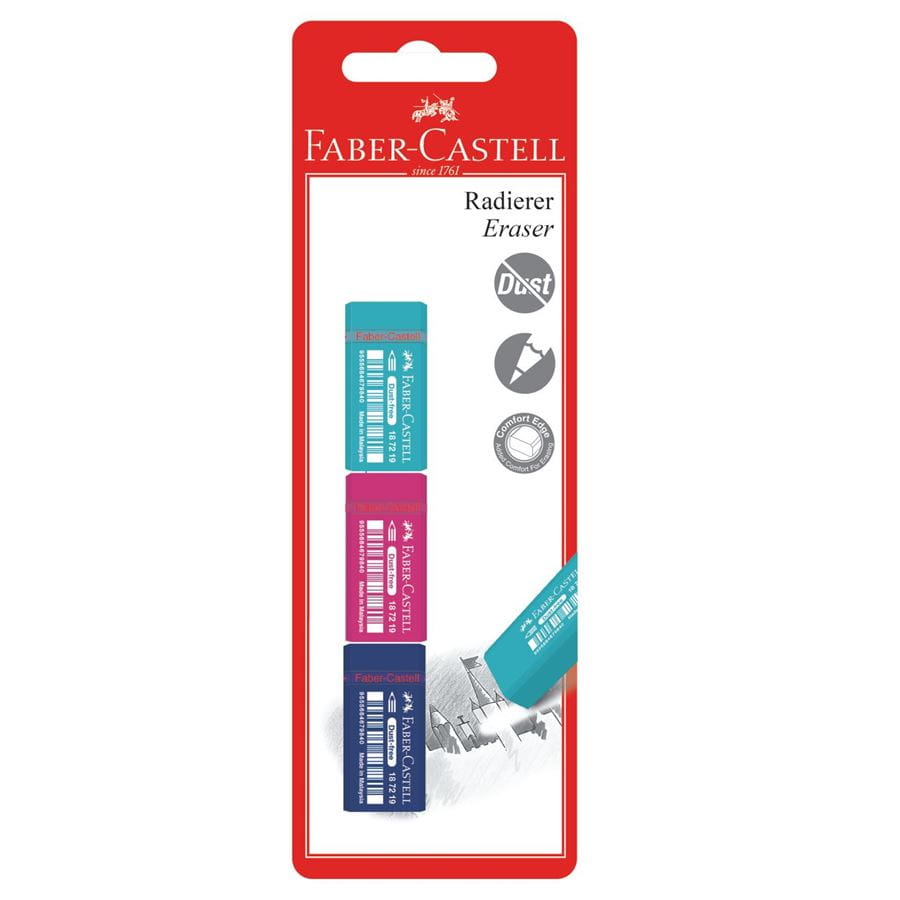 Faber-Castell - Μίνι γόμα Dust-free, 3 μοντέρνα χρώματα, ασορτί, σετ των 3