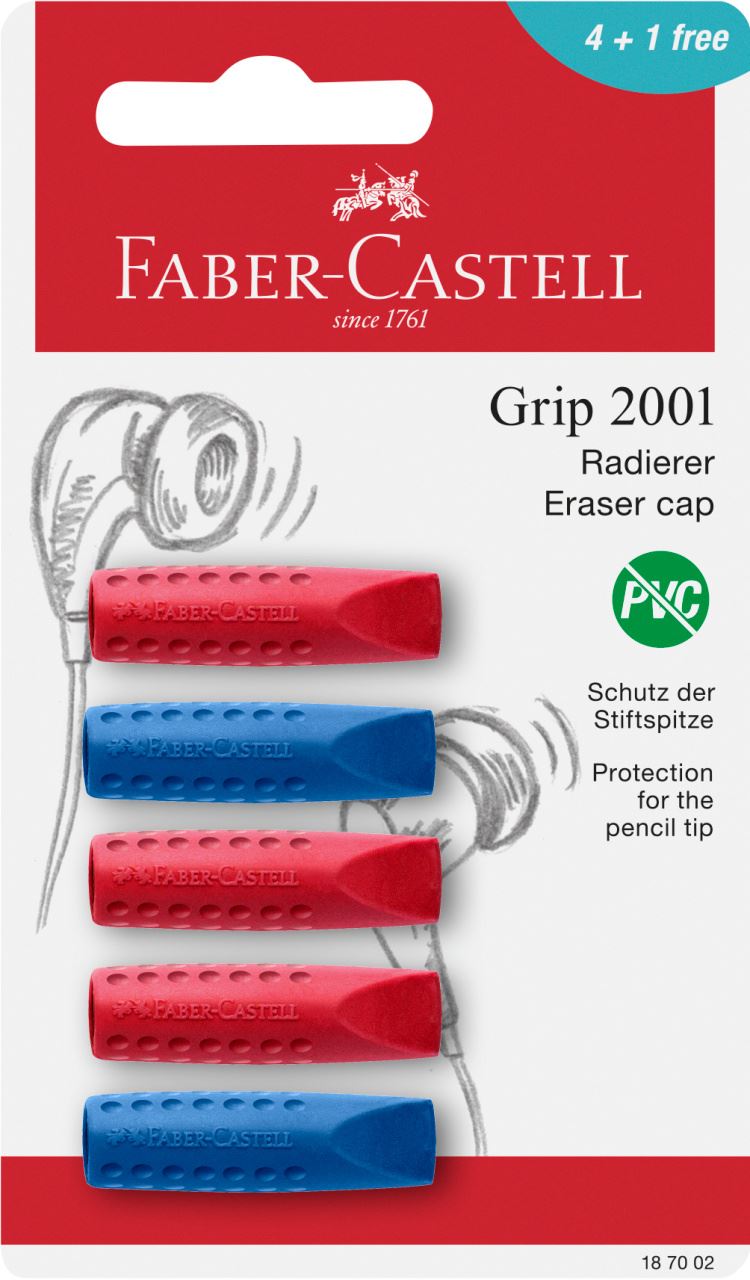 Faber-Castell - Grip 2001 eraser cap eraser, set of 5, red, blue, sorted