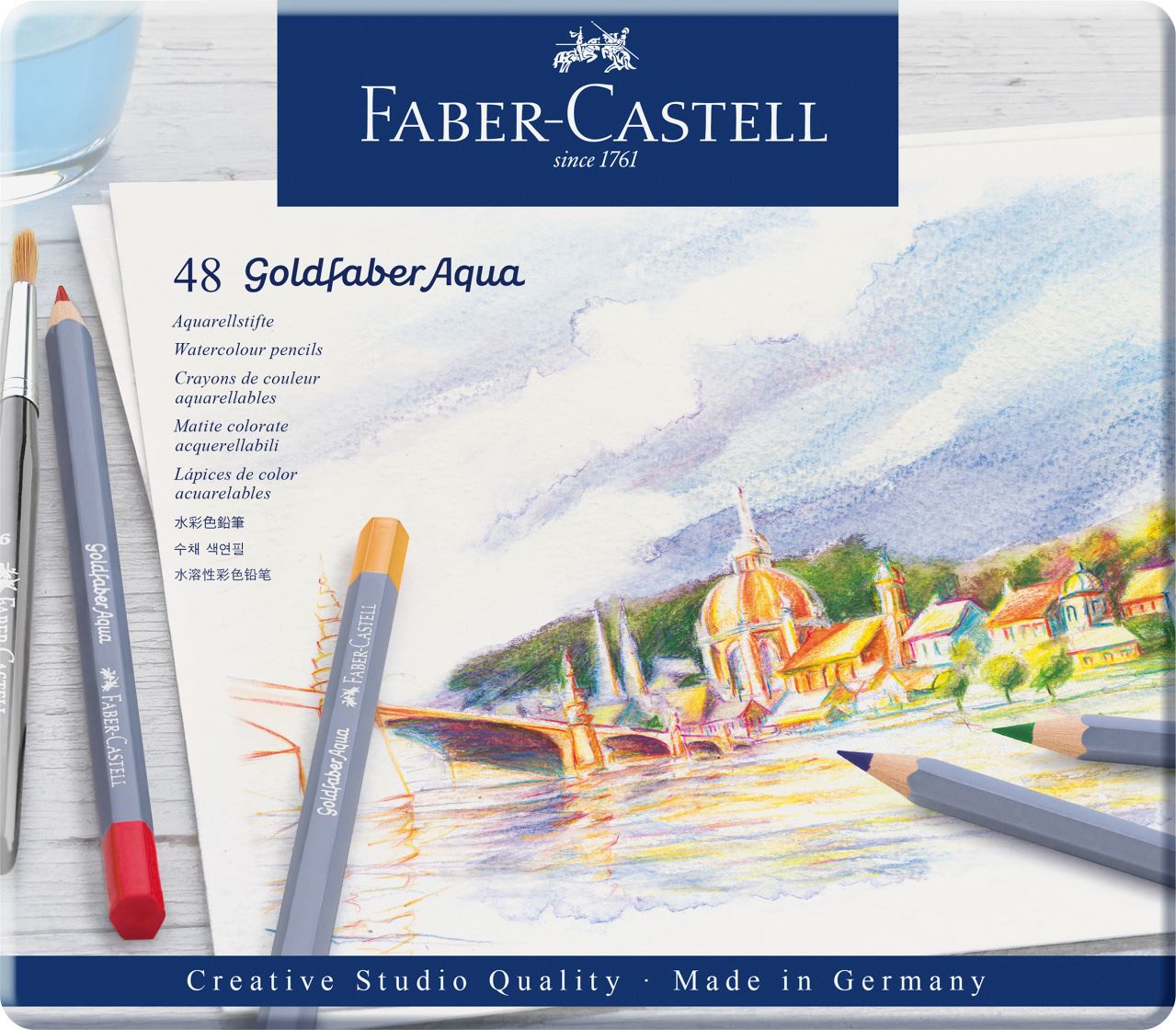 Faber-Castell - Σετ ξυλομπογιές ακουαρέλας Goldfaber σε μεταλλική κασετίνα x48