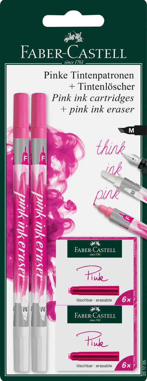 Faber-Castell - Σετ με κανονικά ανταλλακτικά μελάνης και σετ γόμας μελάνης, ροζ, 14 τεμάχια