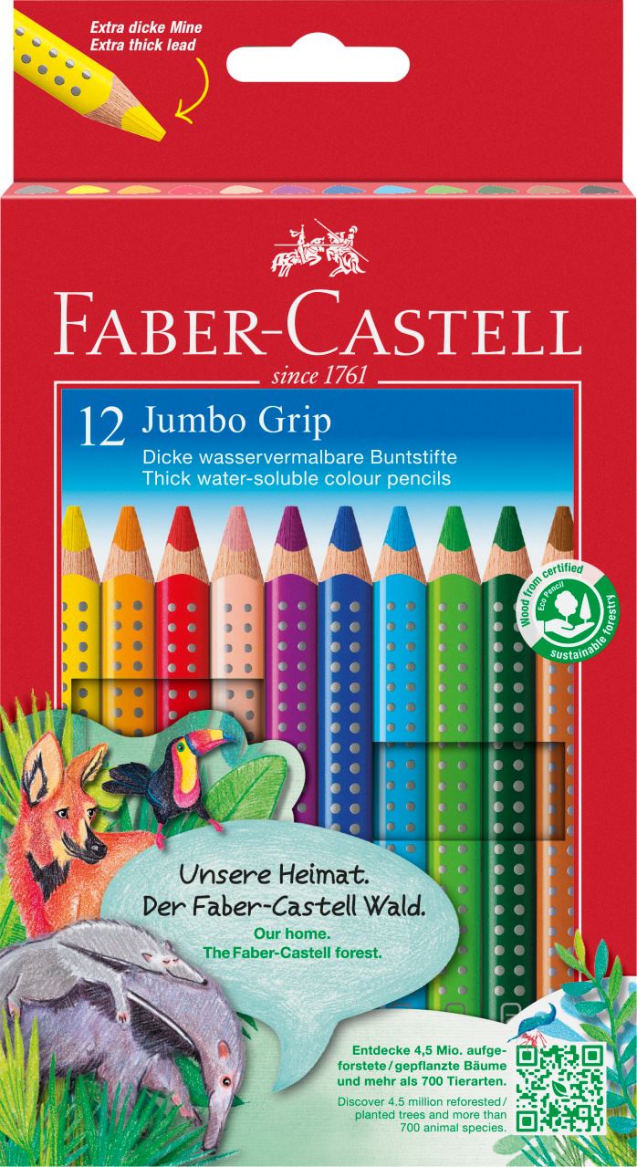 Faber-Castell - Ξυλομπογιές Jumbo Grip - σετ των 12 με ξύστρα