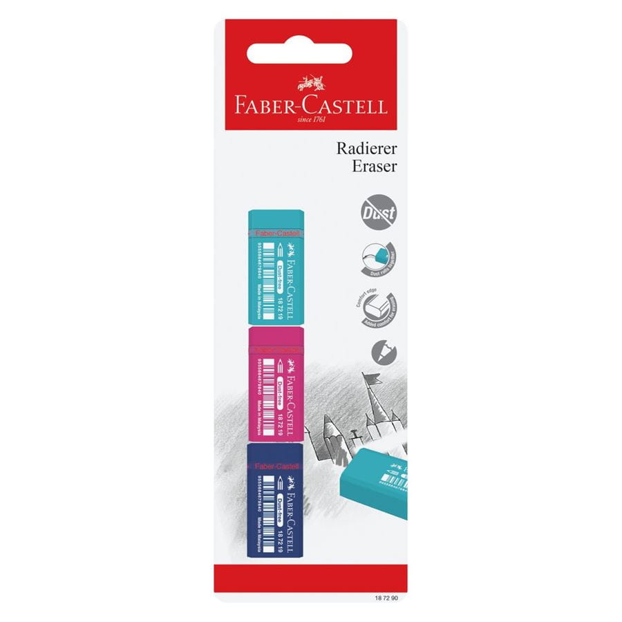 Faber-Castell - Μίνι γόμα Dust-free, 3 μοντέρνα χρώματα, ασορτί, σετ των 3
